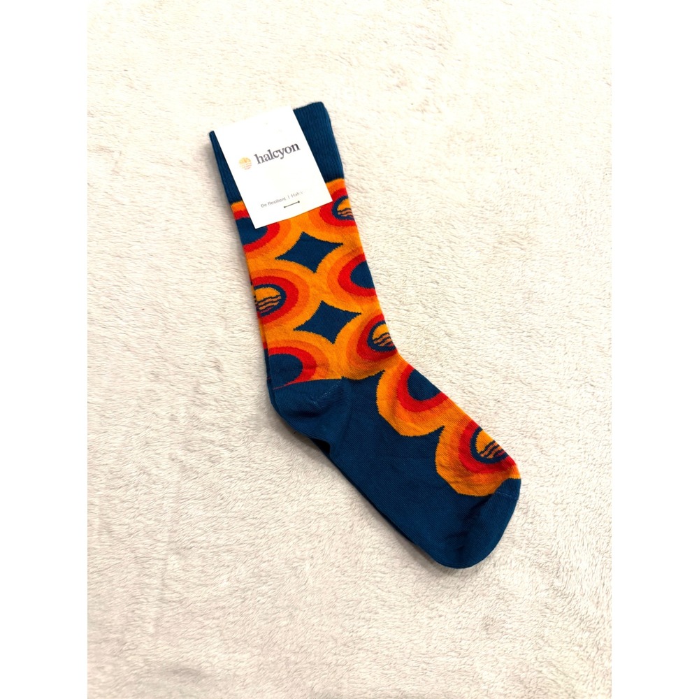 Halcyon Sock Club Crew Socks Medium Blue Orange Retro Geometric Combed Cotton